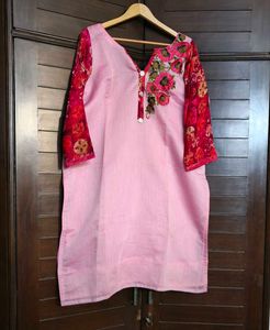Women Pink Chanderi Cotton Thread Work Suit Set