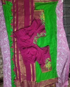 Green &amp; Pink Saree Mysore crepe