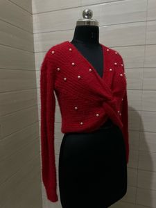NO Boundaries knit red Pearl sweater for women