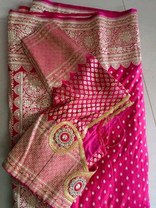 Pink Banarasi Saree with Blouse stiched
