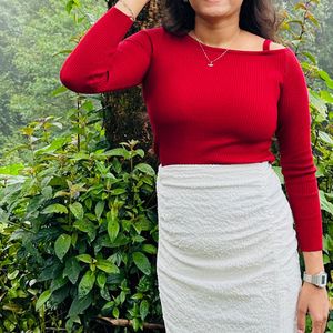 Red Ribbed One-Shoulder Top