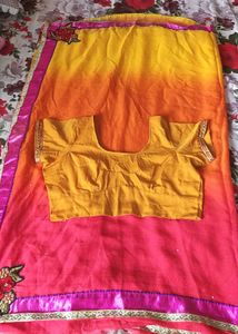 Red &amp; Pink Embroidered Saree With Blouse