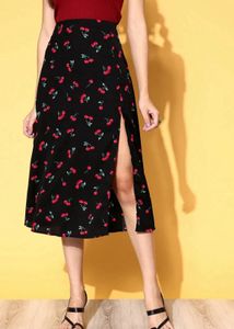 Cherry Print Midi Skirt with Slit