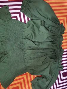 Olive Green Smocked Crop Top For Girls