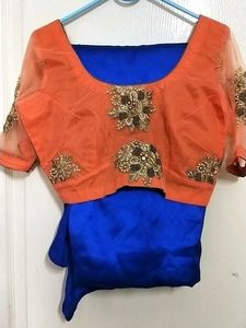 Gorgeous Orange & Blue Embroidered Saree