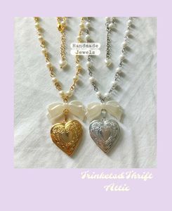 Anime Style Heart Locket Pearl Bow Necklace