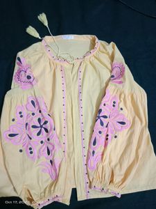 Ladies Jacket Yellow With Pink Embroidery Design
