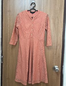 Coral Peach Lace Flare Dress With Half Sleeves