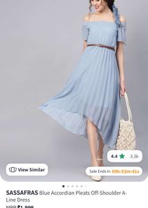 SASSAFRAS Blue Accordian Pleats Off-Shoulder Dress