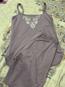 Lace Trim Night Suit With Shorts