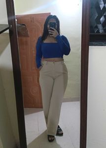 Blue Crop Top & Beige Pants Set