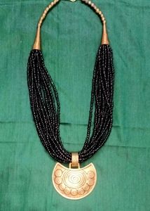 Black Beaded And Gold Brass Necklace.