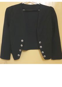 black colored crop jacket for women.Fabric cotton blend with front open style and buttons on.