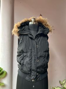 Black Puffer Vest with Fur Hood