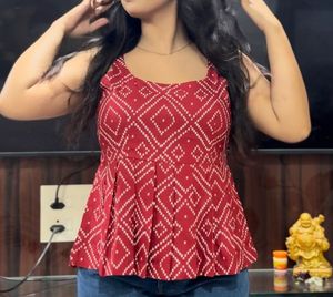 Red &amp; White Printed Peplum Tank