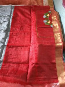 Grey With Red Floral Design ChanderiCotton Saree