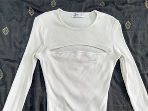 White Front Cut Out Ribbed Bodyfit Summer Top
