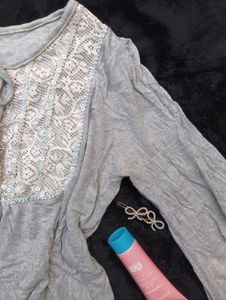 Gray Long Sleeve Lace Detail Top