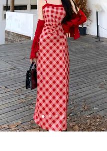Red Gingham Maxi Dress with Slit