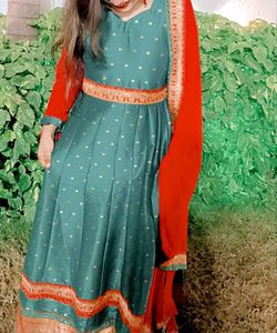 Teal &amp; Red Ethnic Gown With Dupatta