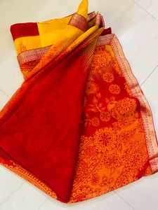 Orange Col Chiffon Saree With Golden Border