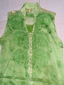 Green Net  Embroidered Kurti
