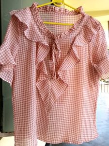 Pink Gingham Ruffle Blouse
