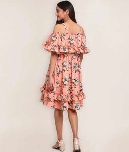 New Piece Floral Ruffle Midi Peach Dress For M Siz