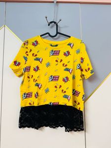 Max- Yellow Graphic Tee with Lace Hem