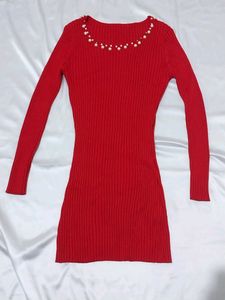 Hot Red Ribbed Bodycon Dress ( Fits - Xs , S , M )