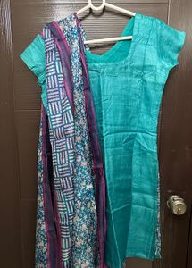 Teal &amp; Blue Floral Tussar Silk Kurti Set