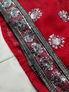 Red &amp; Oxidised Silver Embellished Saree
