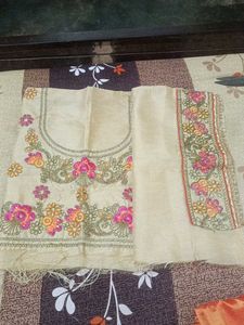 Elegant Unstitched Golden Blouse &amp; Orange Saree