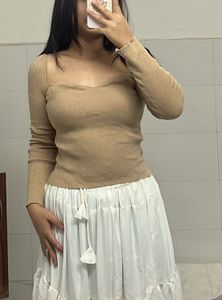 Beige Knit Square Neck Top