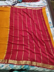 Mustard Yellow And Maroon Pure Crepe Silk Saree