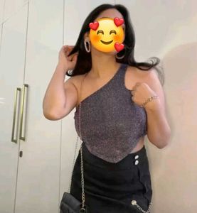 Women Navy Blue Shimmer One Shoulder Crop Top