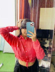 Coral Cropped Tie-Front Shirt