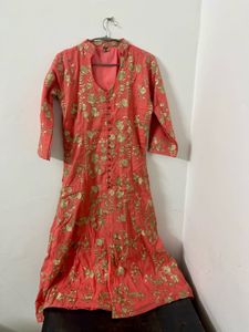 Festive Coral Gown With Ombre Duppata