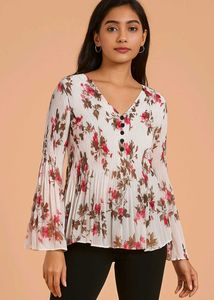 Floral Pleated Bell Sleeve Top