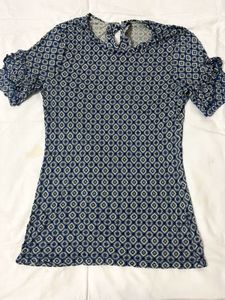 Blue Patterned Ruffle Sleeve Top