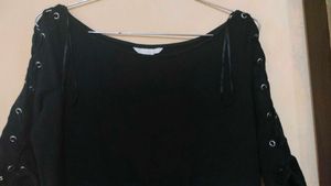 Black Lace-Up Sleeve Top/T Shirt