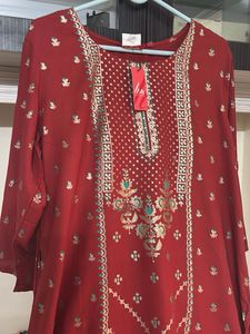 Elegant Red Embroidered Kurta with tag