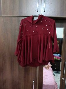 Maroon Pearl-Embellished Tunic Top