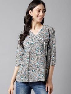 Grey and Blue Floral Printed Cotton Wrap Top