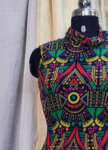 Vibrant Geometric Print Mock Neck Dress