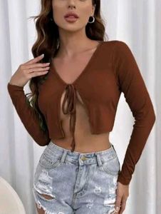 Chic Brown Tie-Front Shrug Top–Elegant & Versatile