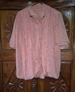 Peach Polka Dot Chiffon Top with Neck Tie