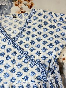 White &amp; Blue Printed Wrap Top