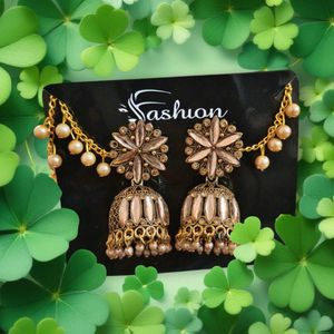Gold Tone Jhumka Earrings with Pearl Details