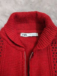 Zara Red Patterned Knit Jacket